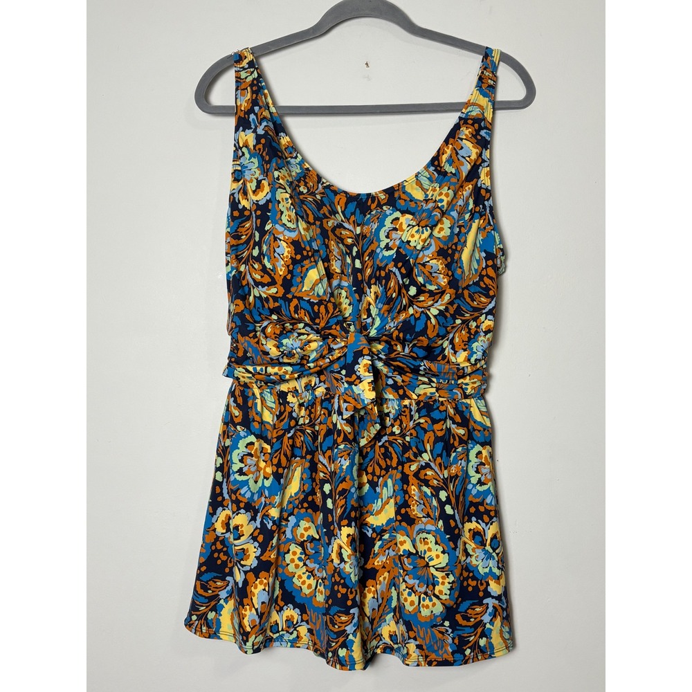 Womens One Piece Swim Dress Size 14 Bright Floral Paisley Twist Front